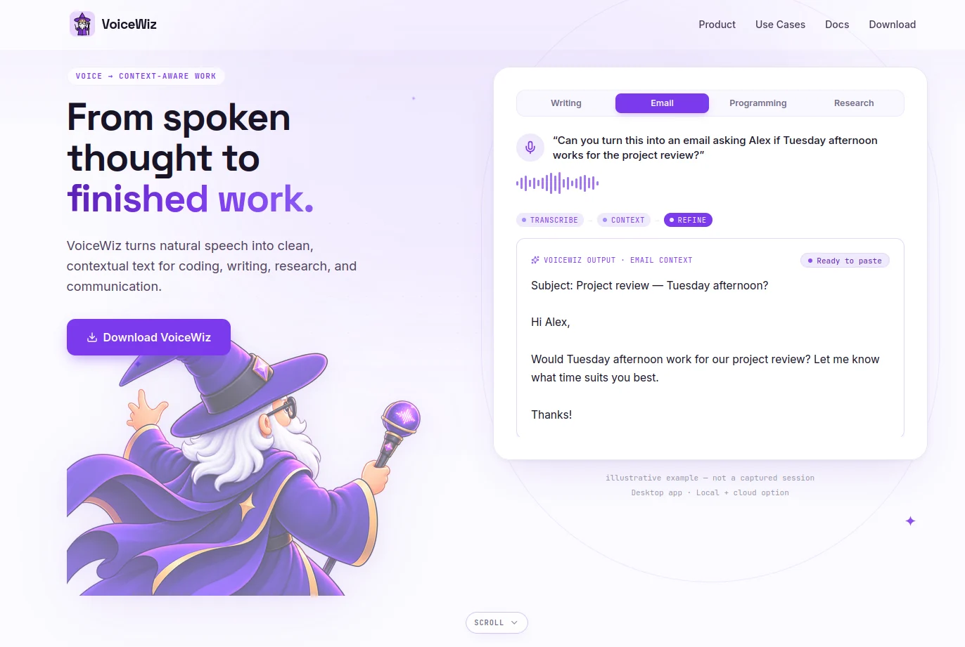 VoiceWiz marketing site hero with headline and email output example
